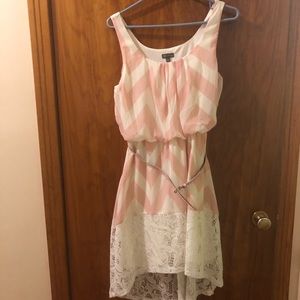 Hi-low cream and pink summer dress with pink belt